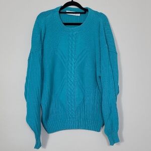 Vintage Jantzen Womens Chunky Cable Knit Sweater Size XL Teal Blue Cotton Y2K